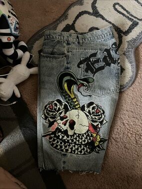 Ed Hardy Light Wash Jean Shorts with Snake, Skull & Rose Graphic